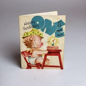 Vtg 40s 50s First 1st Birthday Card Hallmark‎ Little Boy Blowing out candle Cake